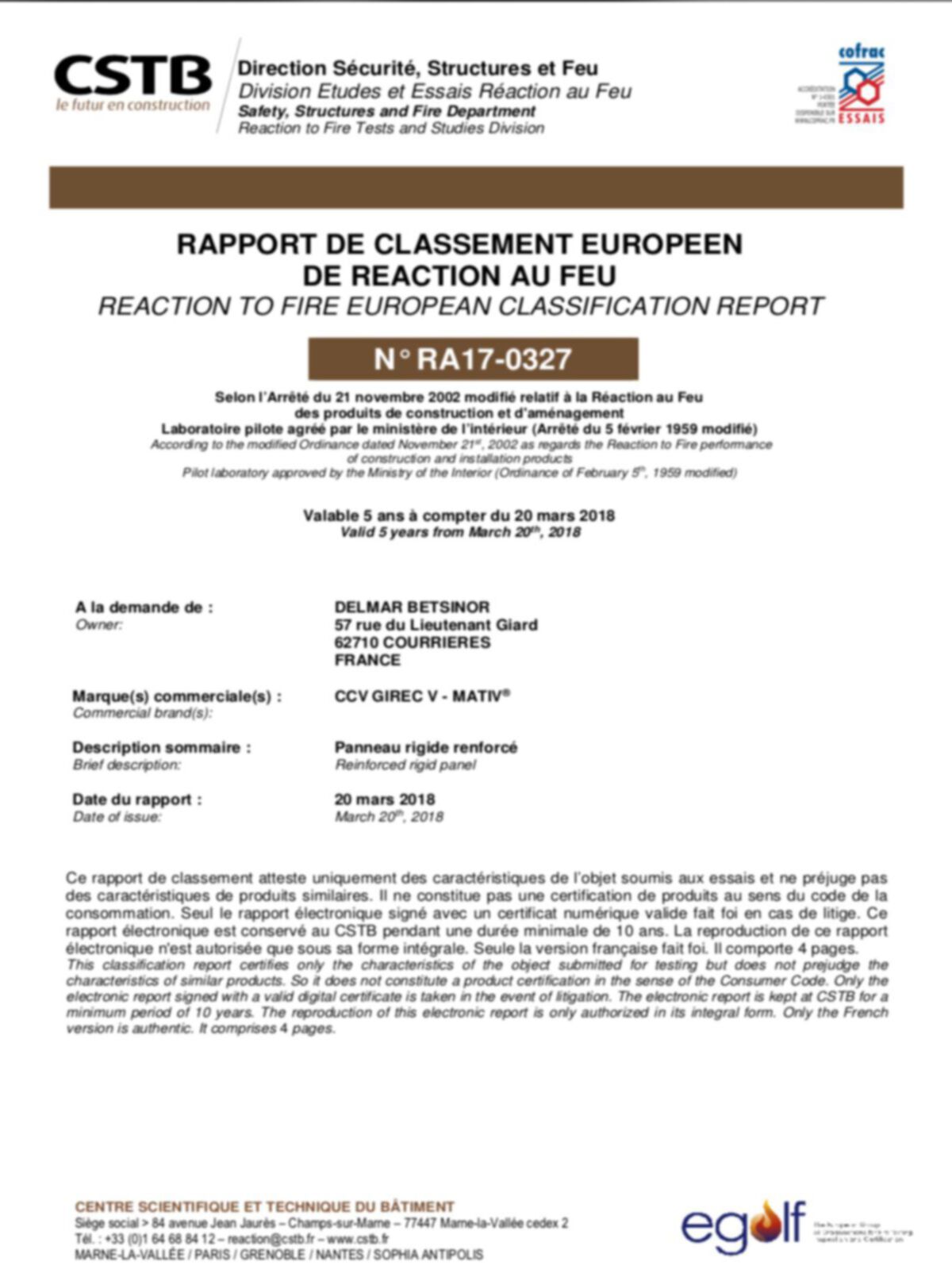 CSTB Rapport de Classement